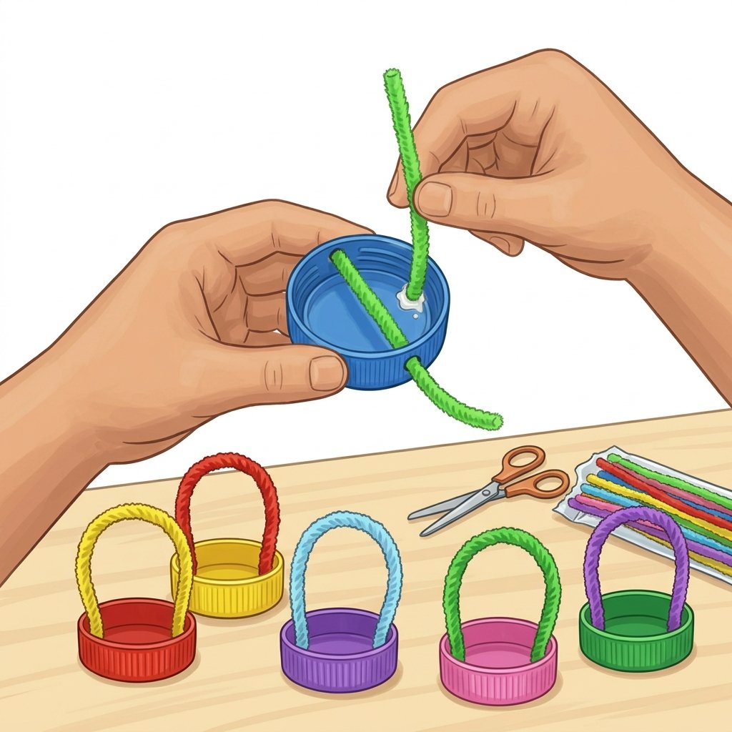 Picture step card showing bottle-cap cabins being made