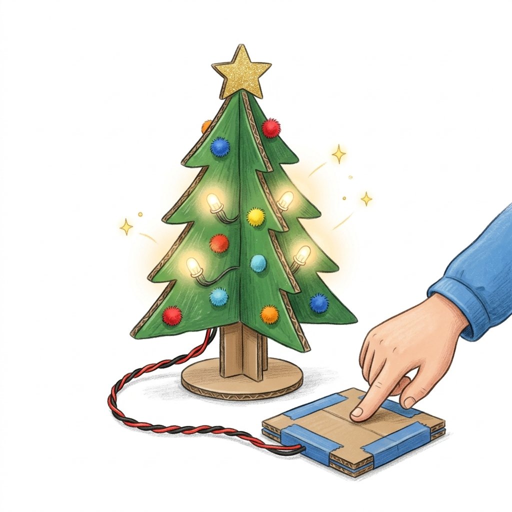 A light-up cardboard Christmas tree switched on with a pressure pad