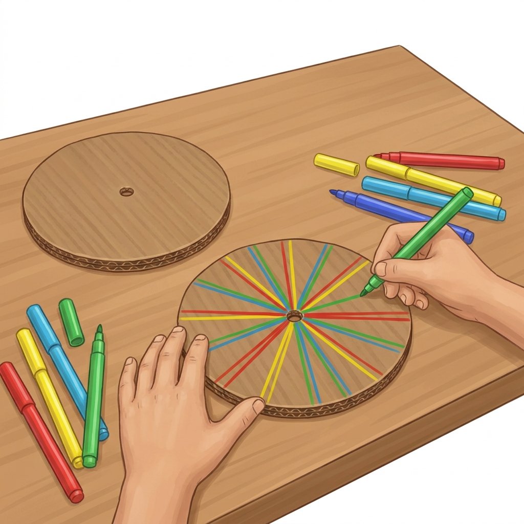 A child colouring cardboard discs with markers