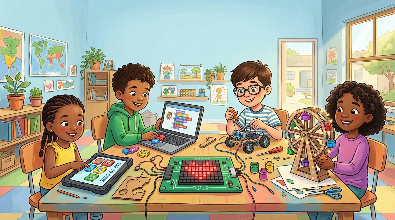 Children coding on a tablet and laptop, building a robot car and a light-up cardboard Ferris wheel