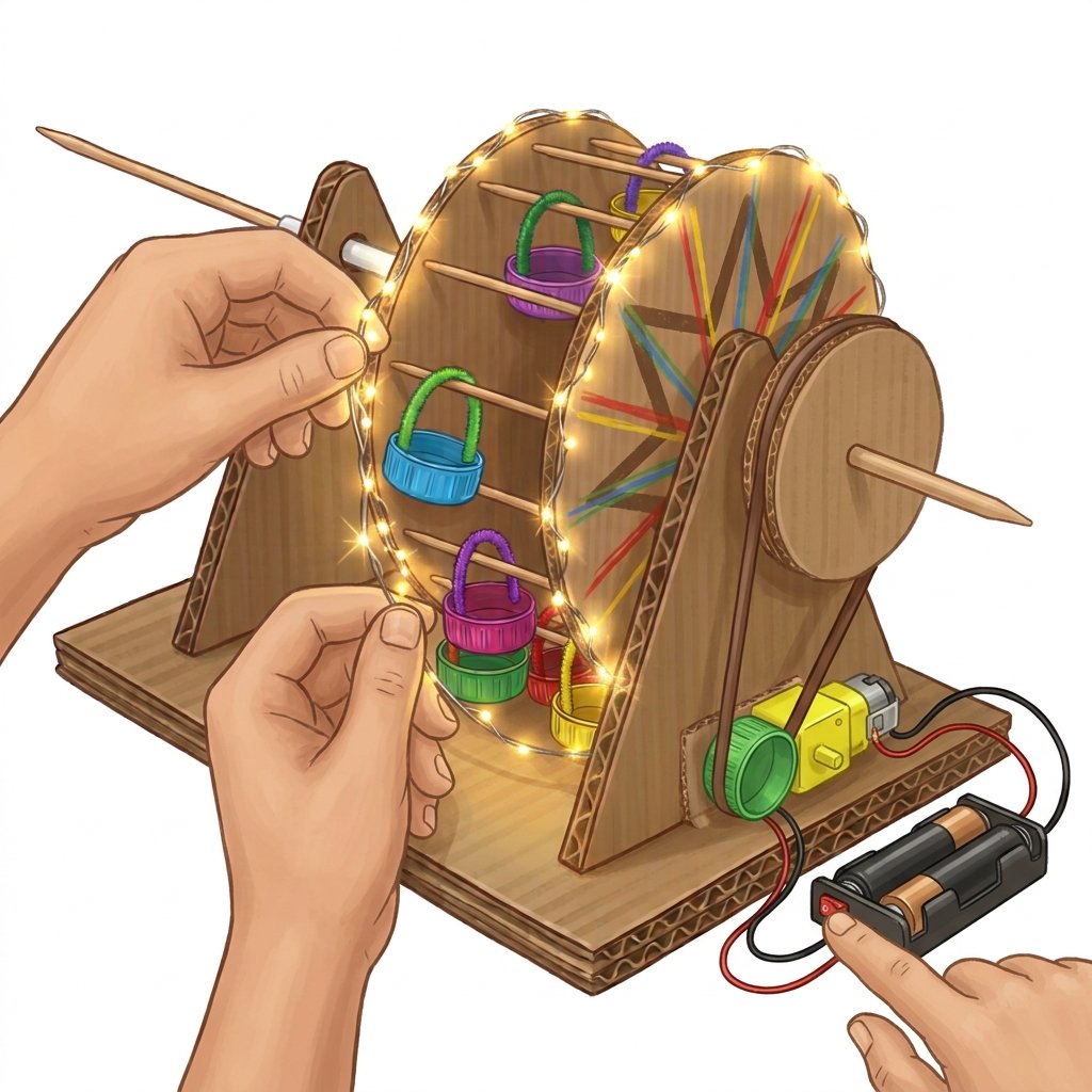 A cardboard Ferris wheel driven by a small motor and battery pack